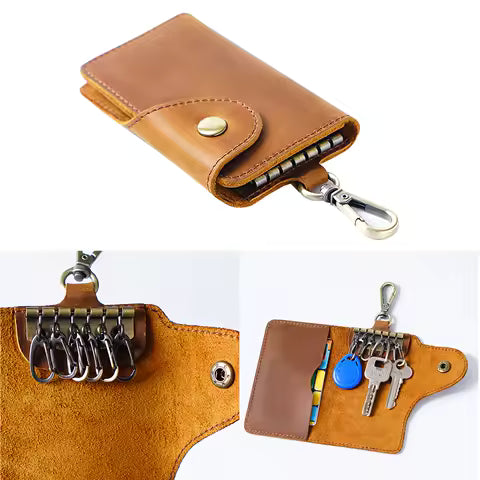 Porte-clés Multifonction en Cuir avec Porte-carte et Bouton-pression