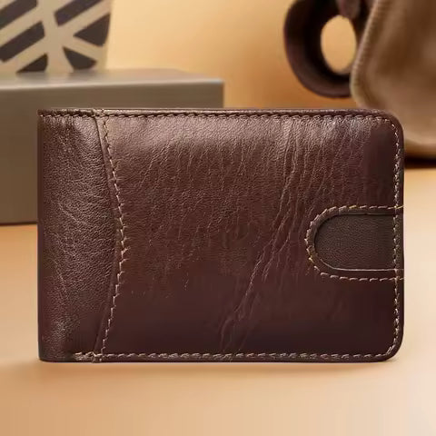 Portefeuille Homme en Cuir Véritable Rétro RFID - Petit Porte-cartes Double Volet