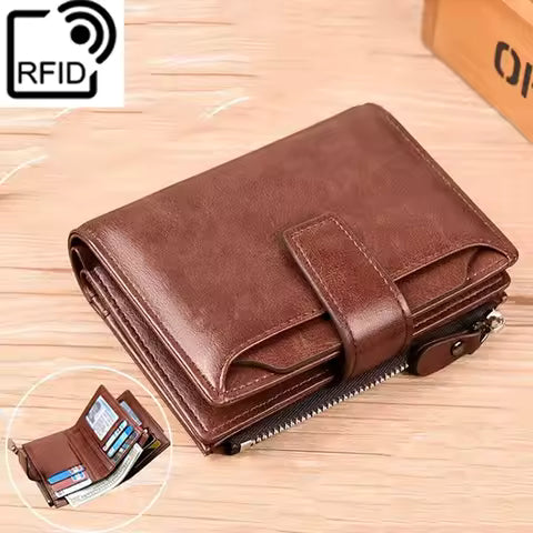 Portefeuille Homme Cuir avec Protection RFID et Fermeture Éclair - Porte-cartes et Sac à Monnaie