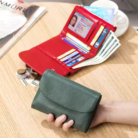 Porte-monnaie court en cuir de vachette véritable pour femme - Petit portefeuille 3 volets