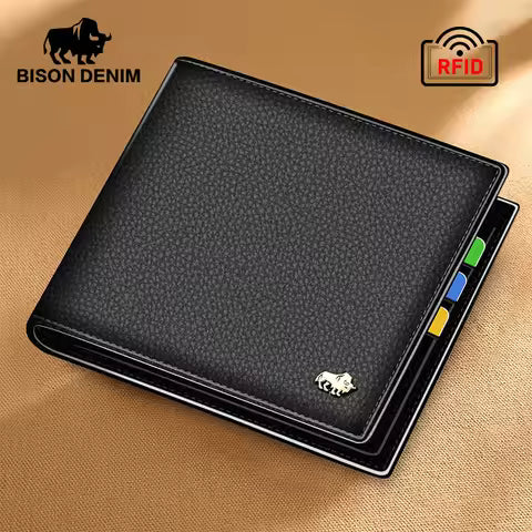 Portefeuille Homme BISON DENIM en Cuir Véritable - Pliable, Blocage RFID & Fermeture Éclair