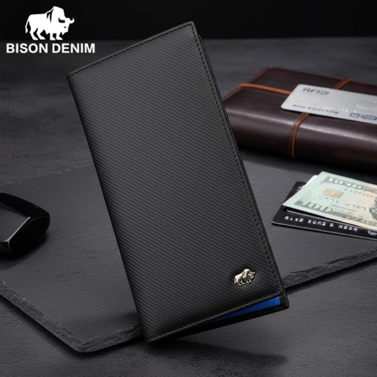 Portefeuille Long Homme BISON DENIM en Fibre de Carbone - Grande Capacité & Blocage RFID