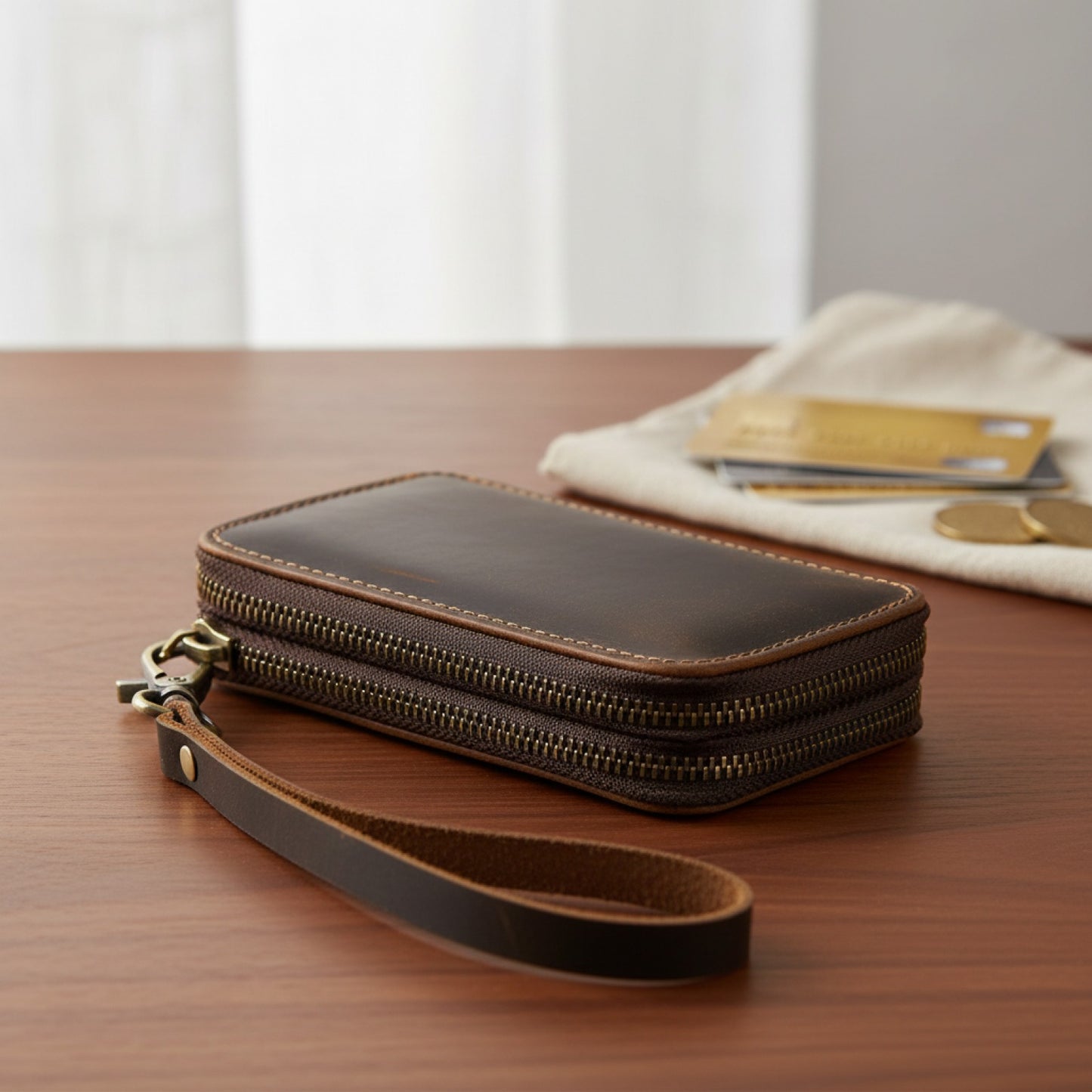 Porte-cartes en cuir double fermeture éclair - Rétro, pratique et élégant