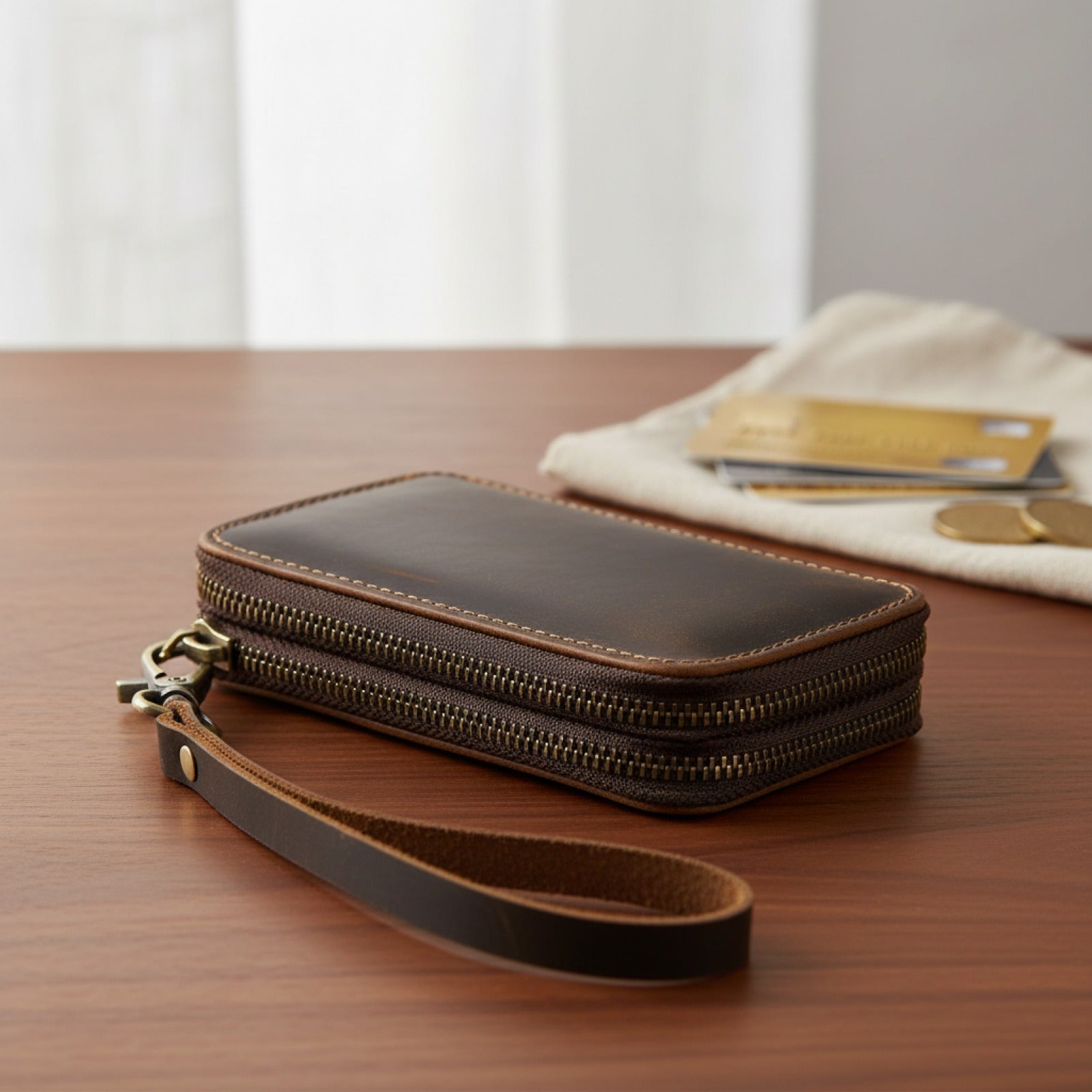 Porte-cartes en cuir double fermeture éclair - Rétro, pratique et élégant