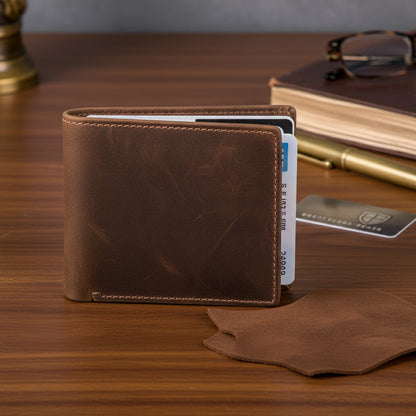 Portefeuille Homme Vintage en Cuir Huilé avec Blocage RFID