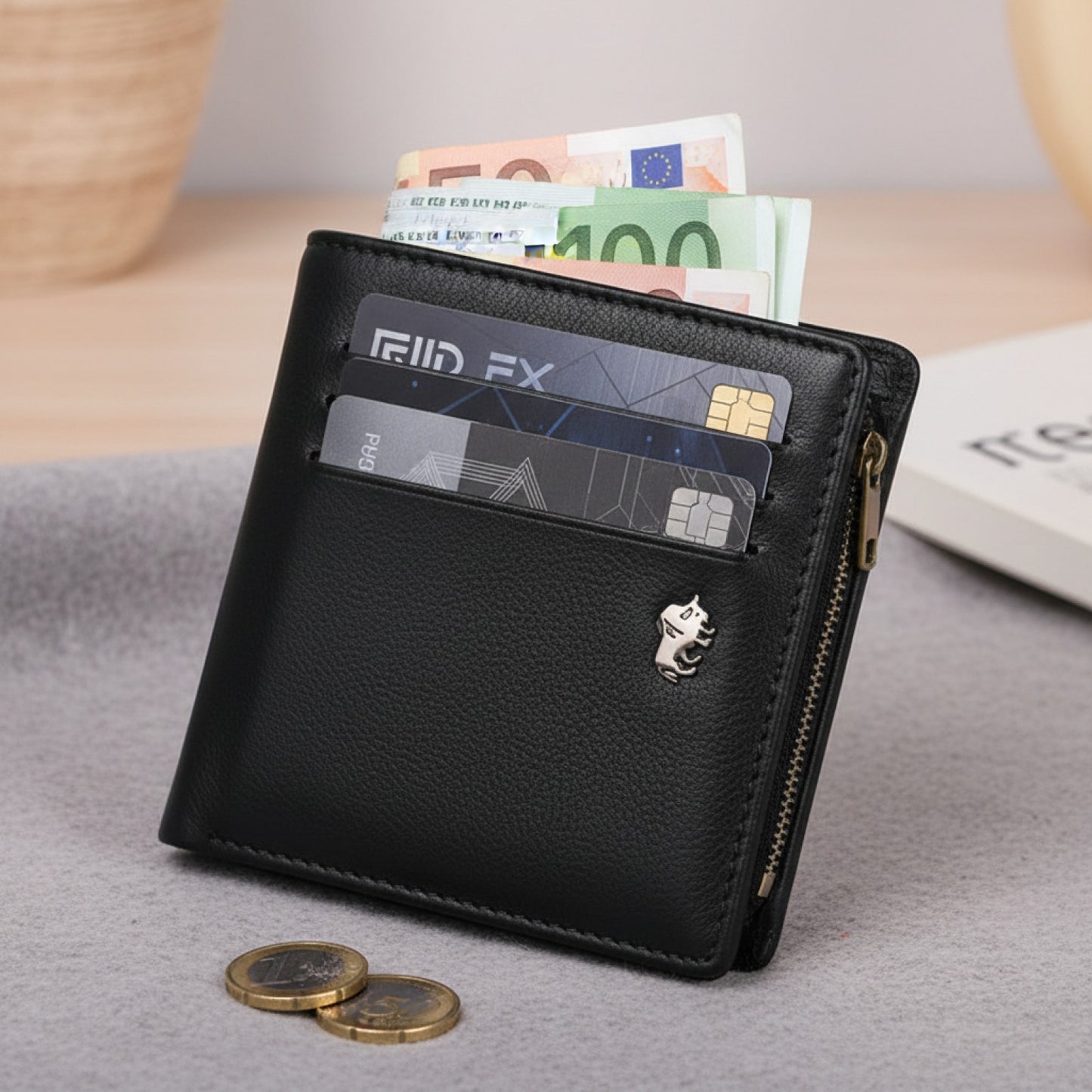 Portefeuille Homme Court en Cuir Véritable avec Blocage RFID - Mini Porte-Monnaie et Porte-Cartes à Fermeture Éclair