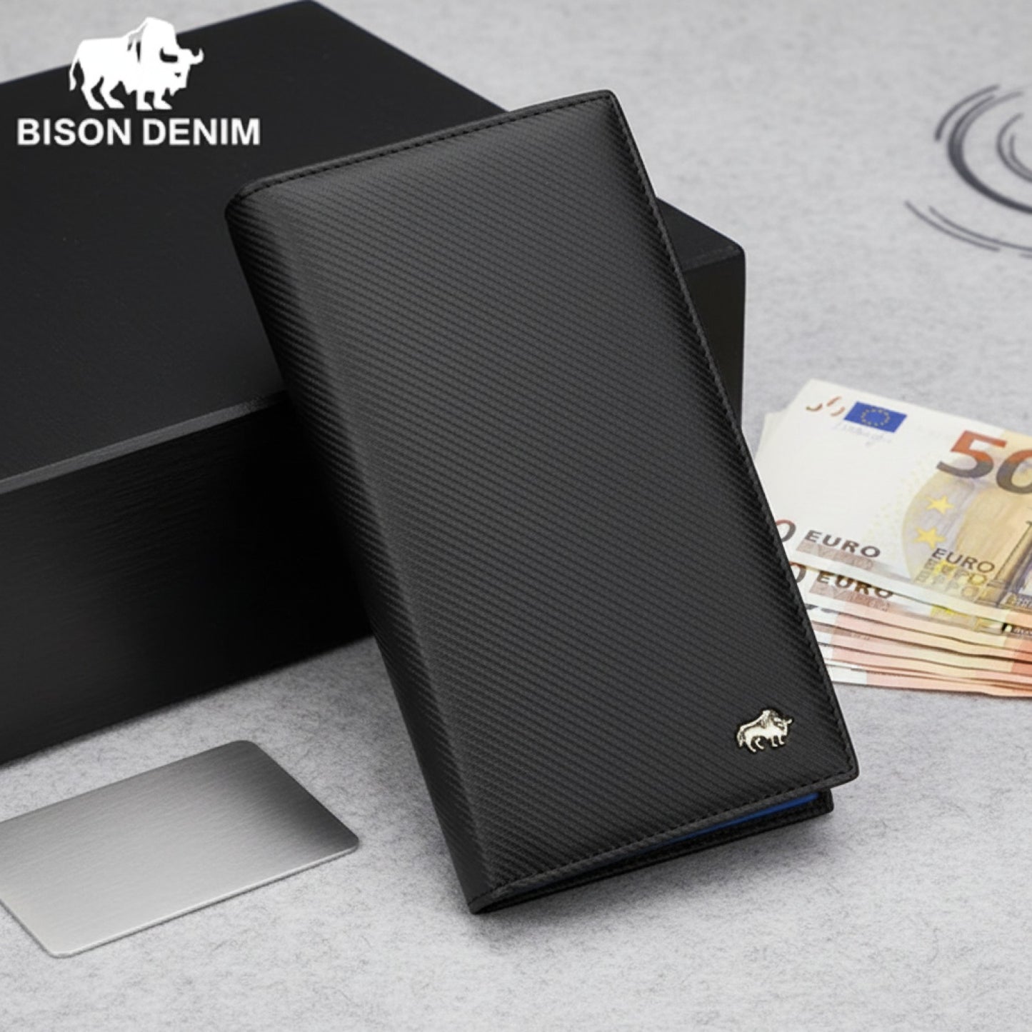Portefeuille Long Homme BISON DENIM en Fibre de Carbone - Grande Capacité & Blocage RFID
