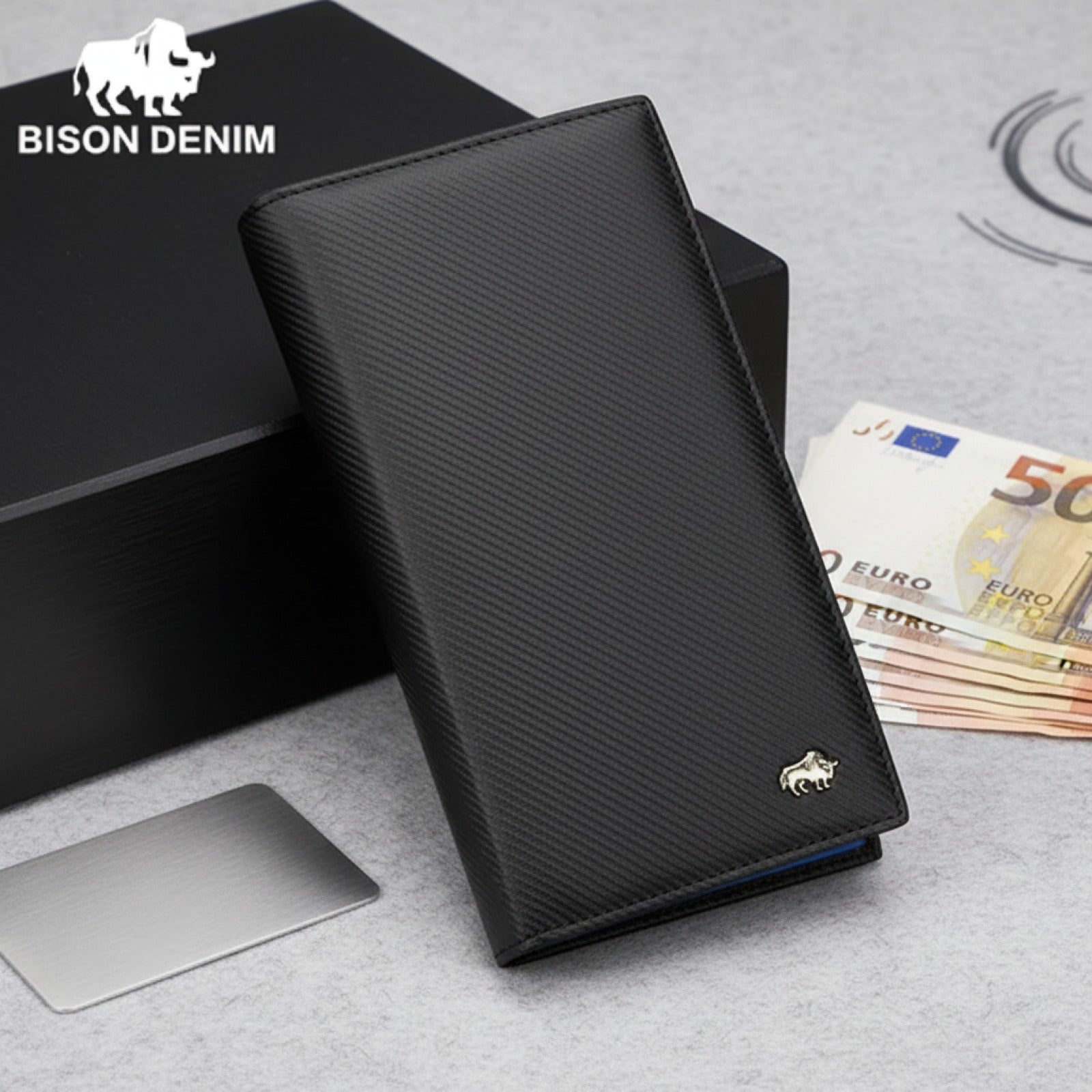 Portefeuille Long Homme BISON DENIM en Fibre de Carbone - Grande Capacité & Blocage RFID