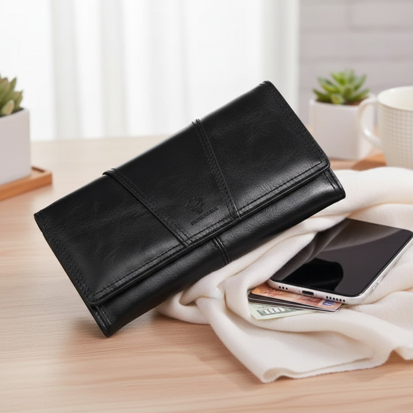 Portefeuille Long en Cuir Véritable KAVIS pour Femme - Pratique avec Porte-Téléphone