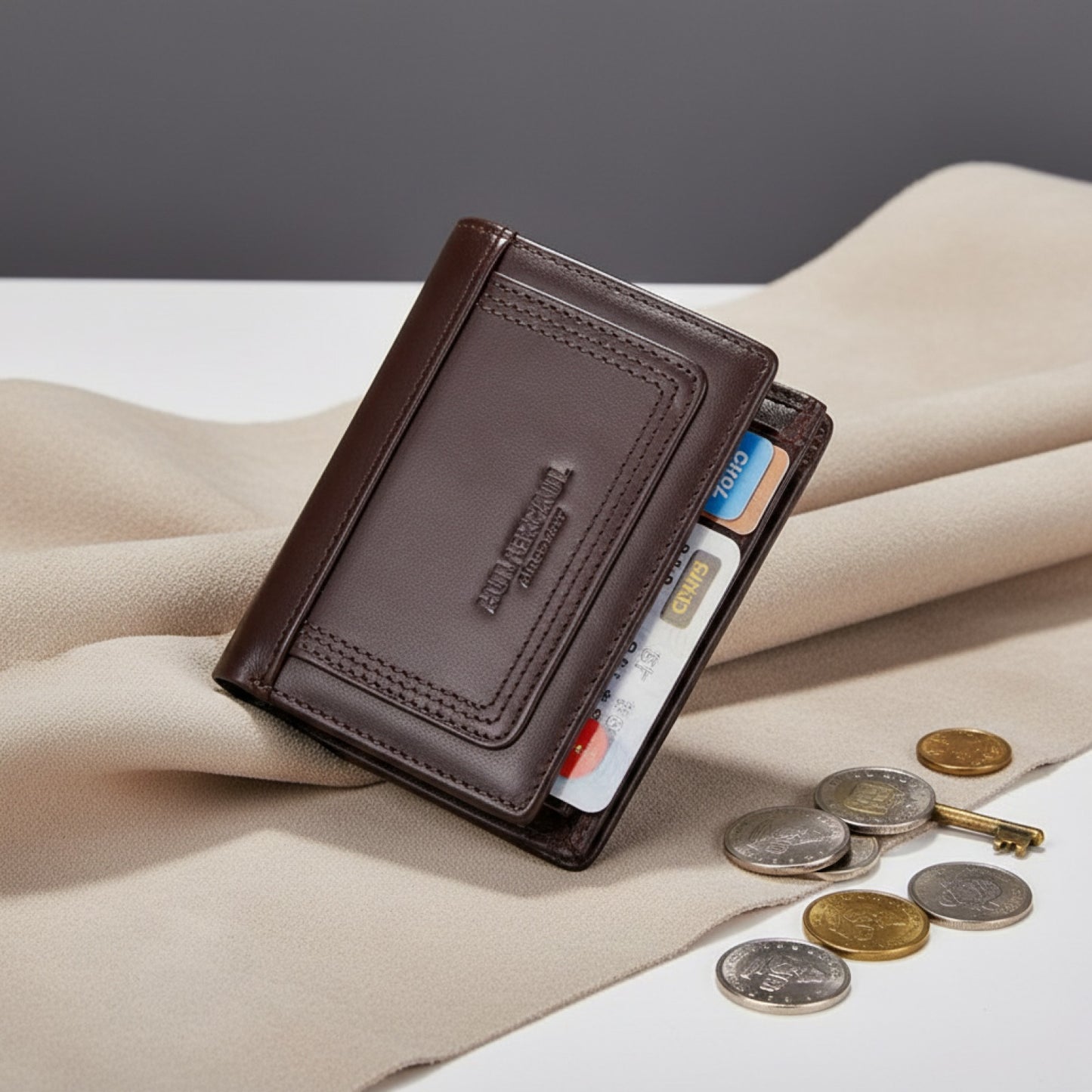 Portefeuille fin en cuir véritable pour homme HUMERPAUL - RFID, porte-cartes, porte-monnaie zippé