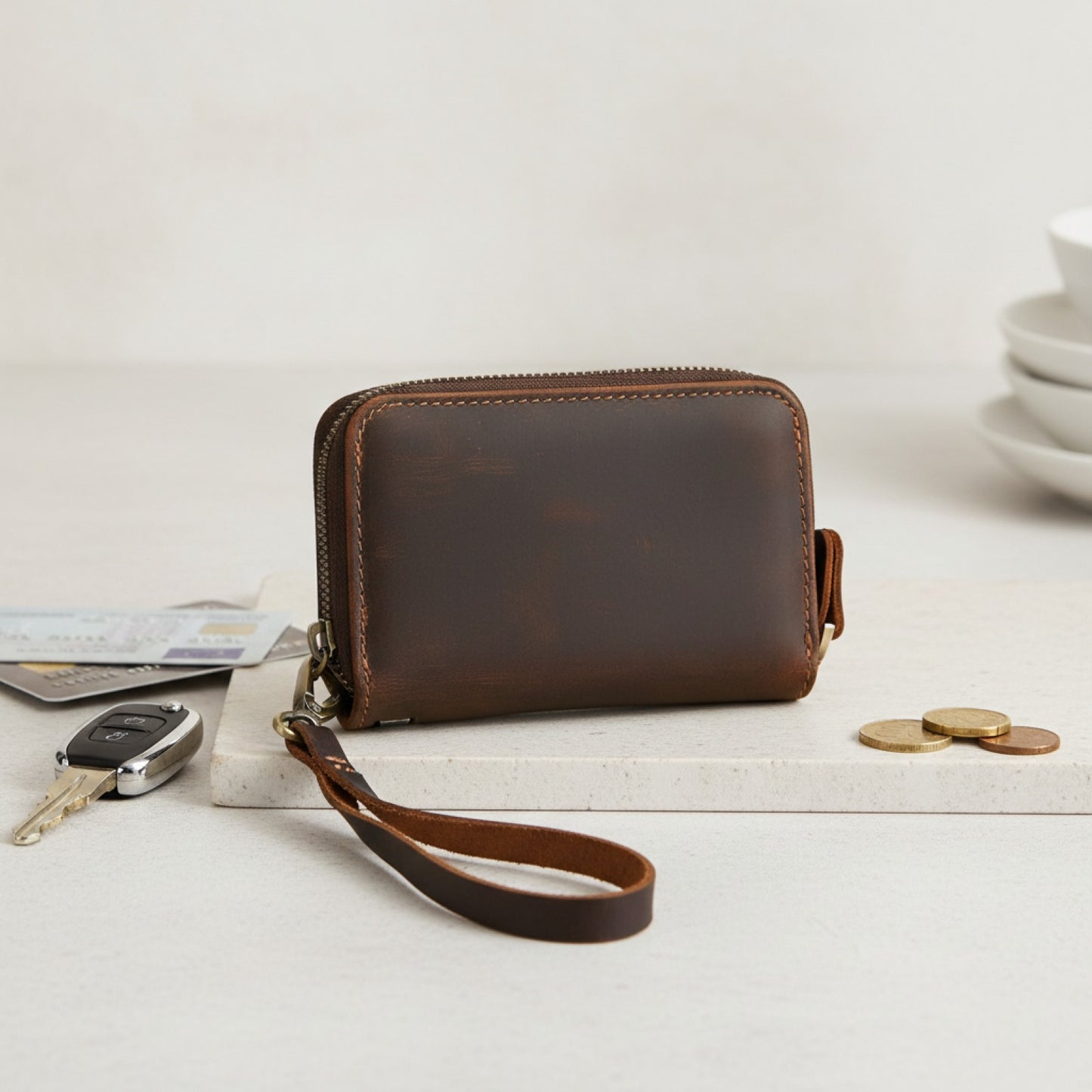 Porte-cartes en cuir double fermeture éclair - Rétro, pratique et élégant