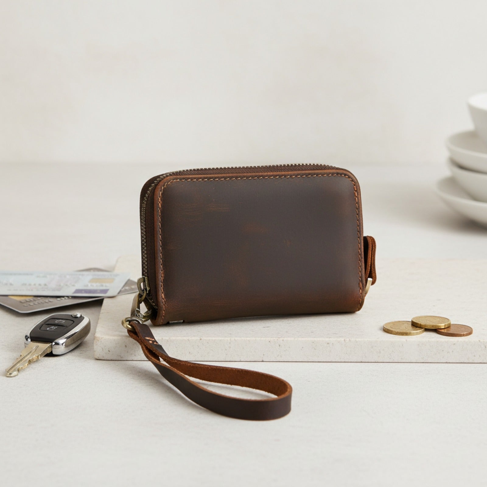 Porte-cartes en cuir double fermeture éclair - Rétro, pratique et élégant