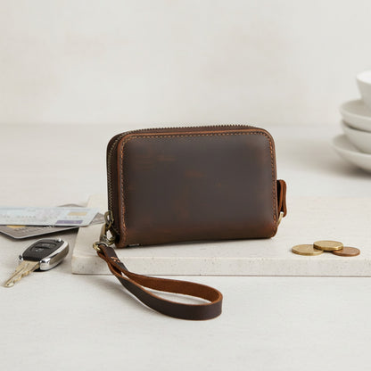 Porte-cartes en cuir double fermeture éclair - Rétro, pratique et élégant