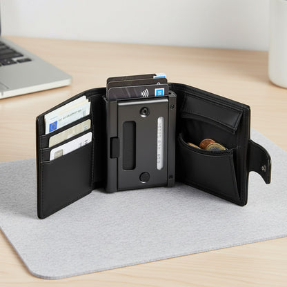 Portefeuille Homme 3 Volets en Cuir RFID Fin - Porte-cartes & Monnaie Intelligent