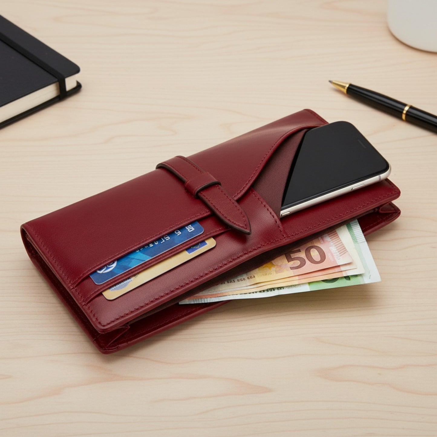 Portefeuille Long en Cuir Véritable pour Femme - Sac à Main Élégant avec Poche Téléphone et Porte-Cartes
