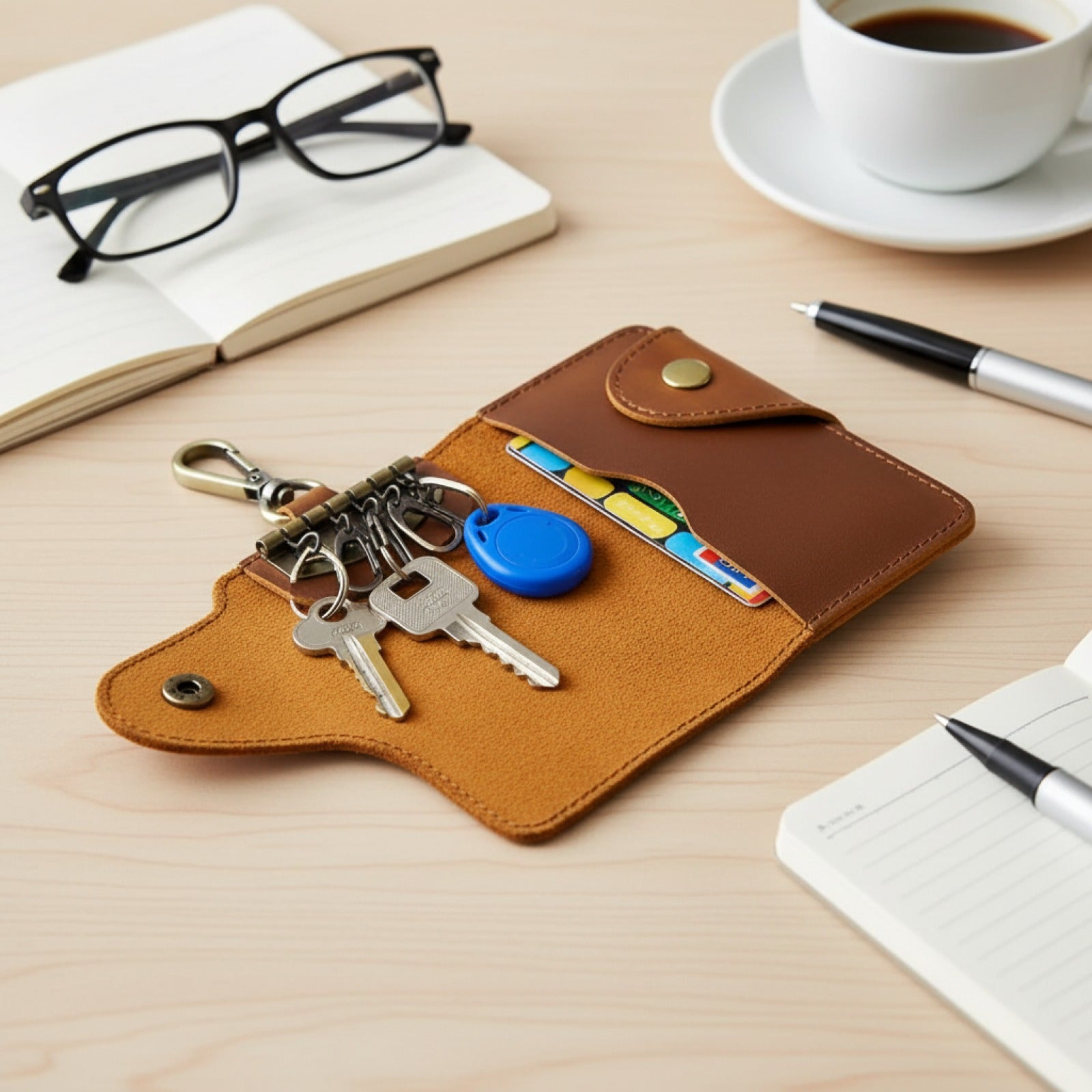 Porte-clés Multifonction en Cuir avec Porte-carte et Bouton-pression