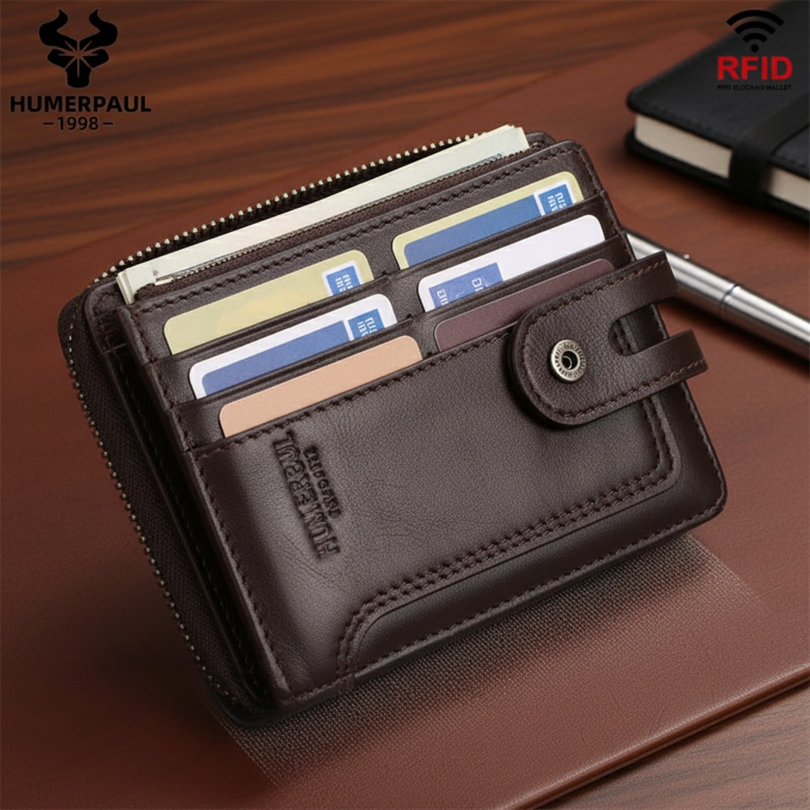 Portefeuille Homme HUMERPAUL en Cuir Véritable avec Blocage RFID - Porte-cartes et Porte-monnaie d'Affaires