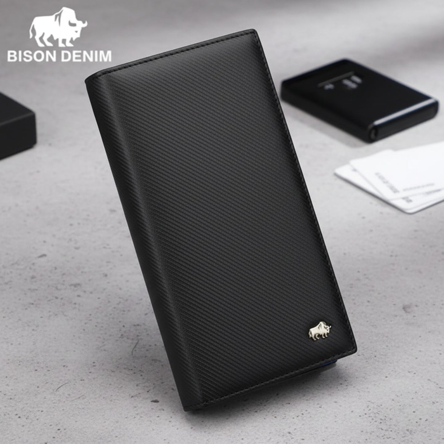 Portefeuille Long Homme BISON DENIM en Fibre de Carbone - Grande Capacité & Blocage RFID