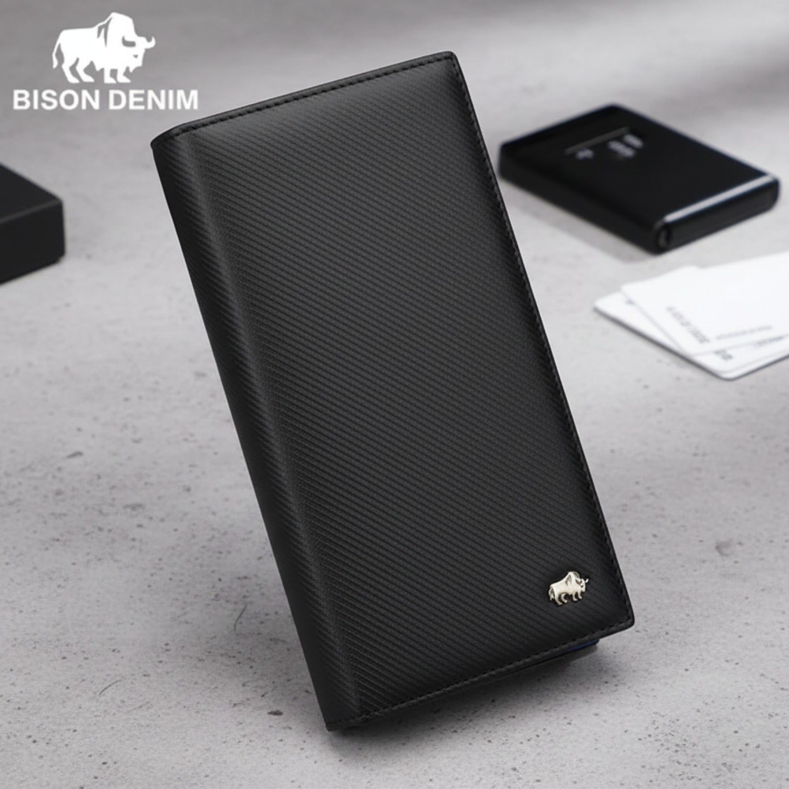 Portefeuille Long Homme BISON DENIM en Fibre de Carbone - Grande Capacité & Blocage RFID