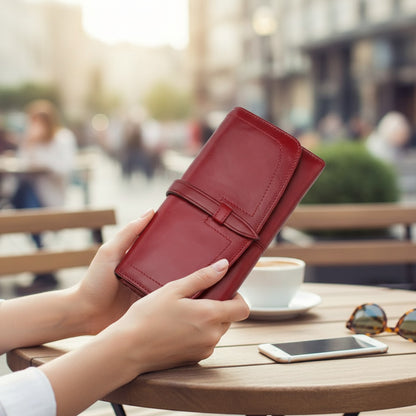 Portefeuille Long en Cuir Véritable pour Femme - Sac à Main Élégant avec Poche Téléphone et Porte-Cartes