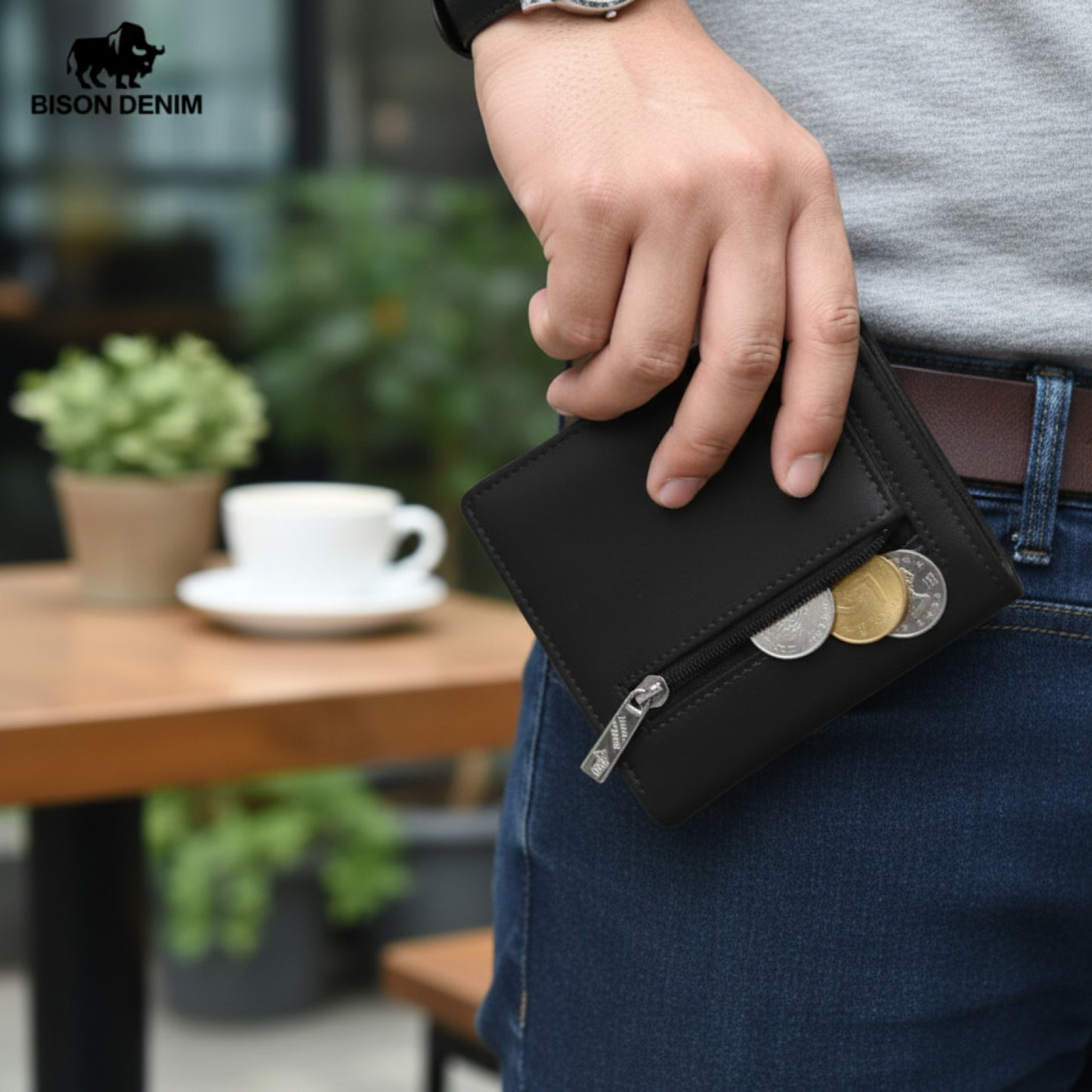 BISON DENIM : Petit Portefeuille Homme en Cuir Véritable - Porte-cartes et Monnaie Zippé