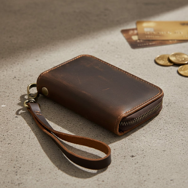 Porte-cartes en cuir double fermeture éclair - Rétro, pratique et élégant